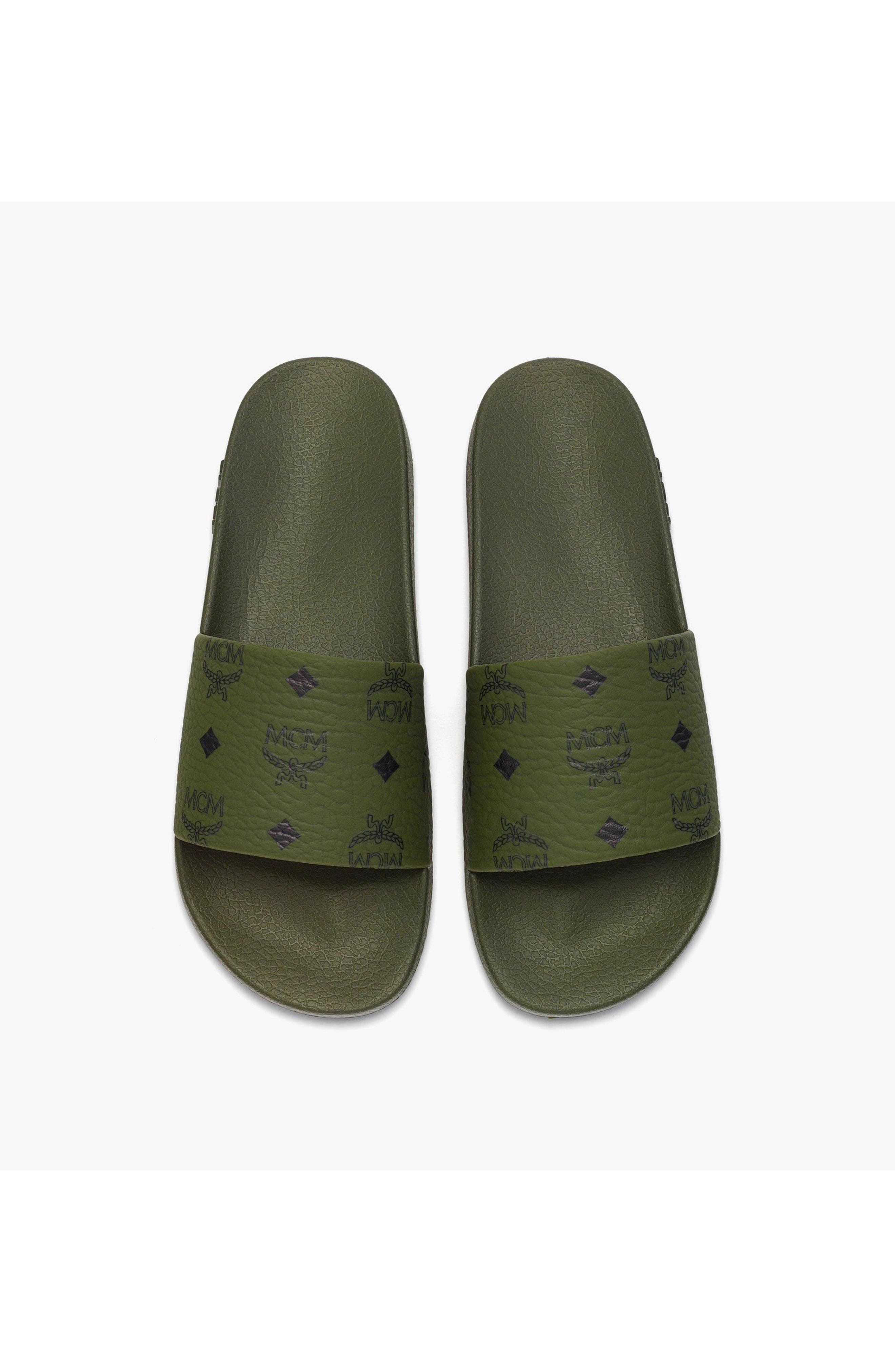 Monogram Print Rubber Slides, Alternate, color, Khaki Moss