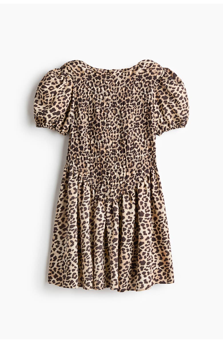 H&M Smocked-bodice Dress, Main, color, Light Beige/Leopard Print