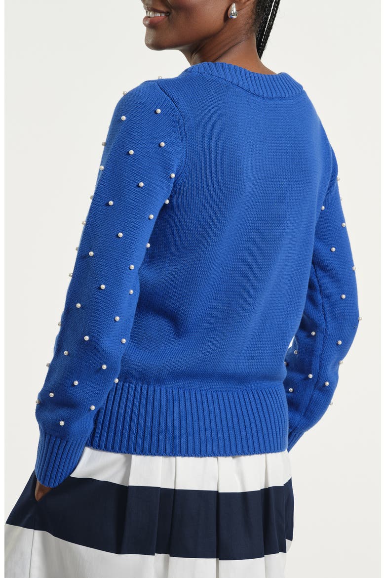 Faux Pearl Accent Cotton Crewneck Sweater, Alternate, color, ROYAL