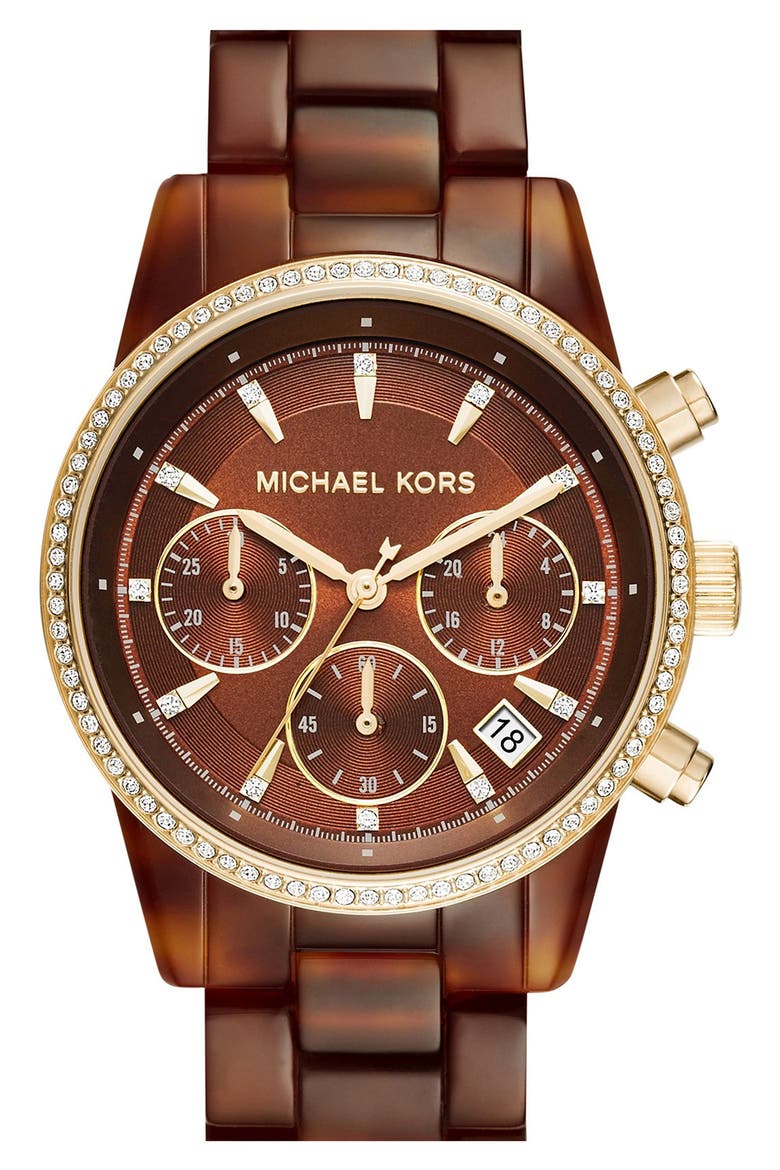 'Ritz' Chronograph Bracelet Watch, 37mm, Main, color, BROWN TORTOISE/ GOLD