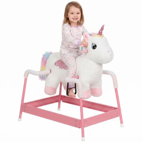 Kids Spring Rocking Horse, Unicorn Ride on Horse with Neighing Sounds, Plush Animal Ride on Toy with Covered Spring, Metal Frame for Ages 3+