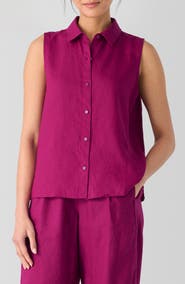 Eileen Fisher Classic Sleeveless Organic Linen Button-Up Shirt