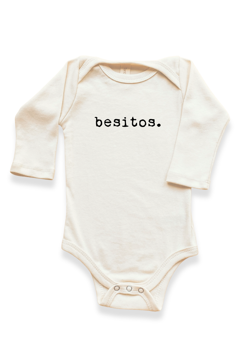 Besitos Gender Inclusive Organic Long Sleeve Baby Bodysuit, Main, color, Natural Black Lettering