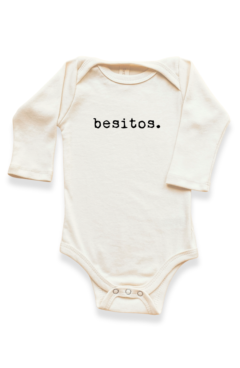 Tenth & Pine Besitos Gender Inclusive Organic Long Sleeve Baby Bodysuit, Main, color, Natural Black Lettering