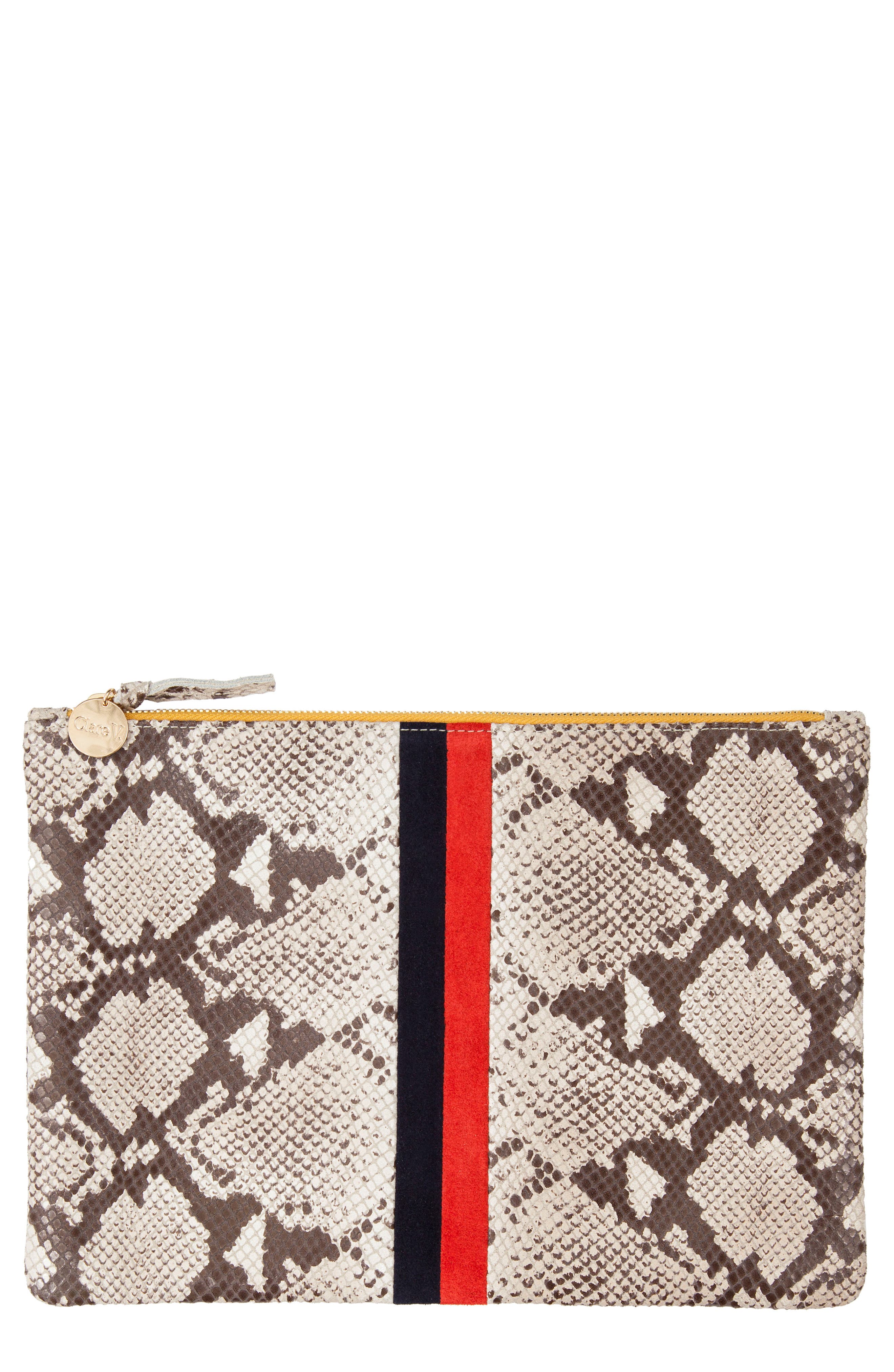 Center Stripe Snakeskin Embossed Leather Clutch, Main, color, TAN SNAKE
