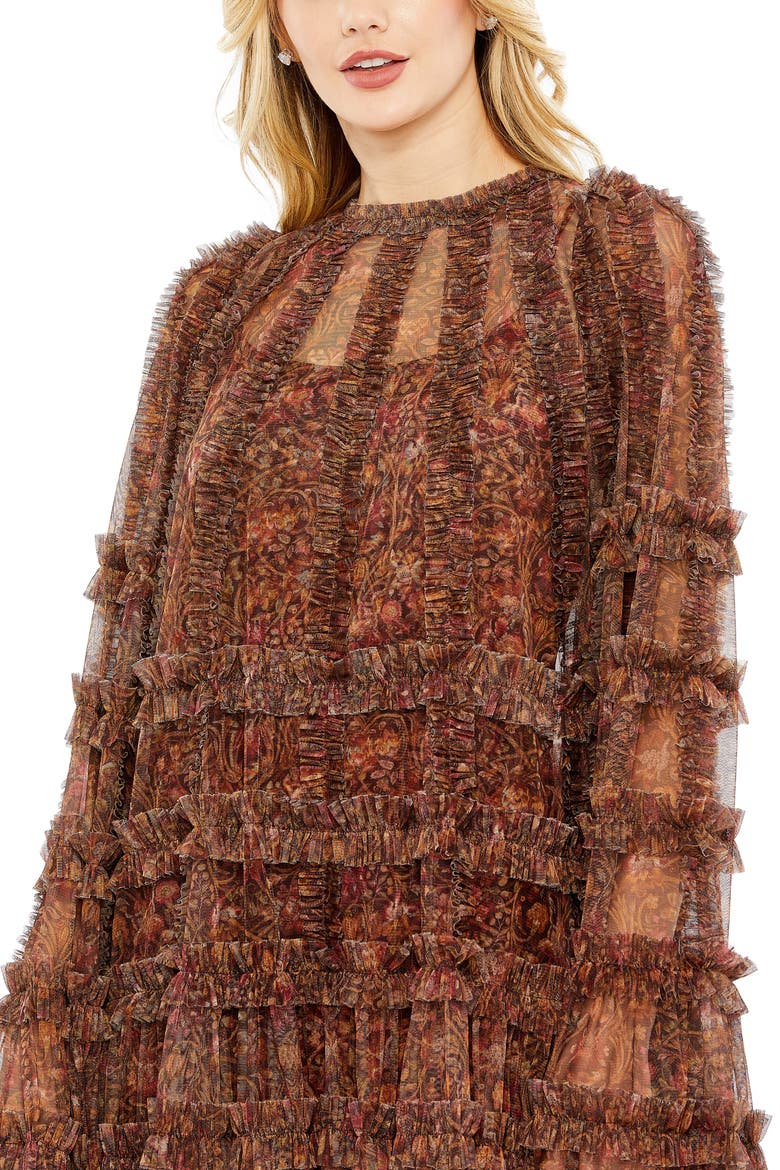Floral Print Long Flare Sleeve Mesh A-Line Dress, Alternate, color, Brown Multi