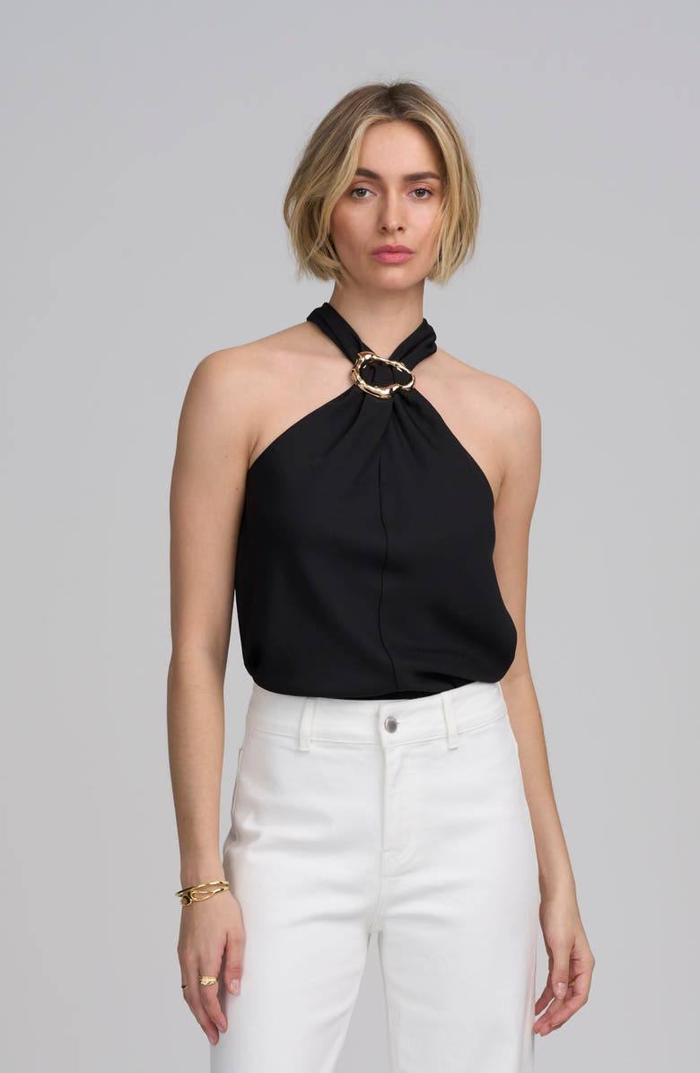 ELLE Collection Woven Halter Hardware Top, Alternate, color, Black
