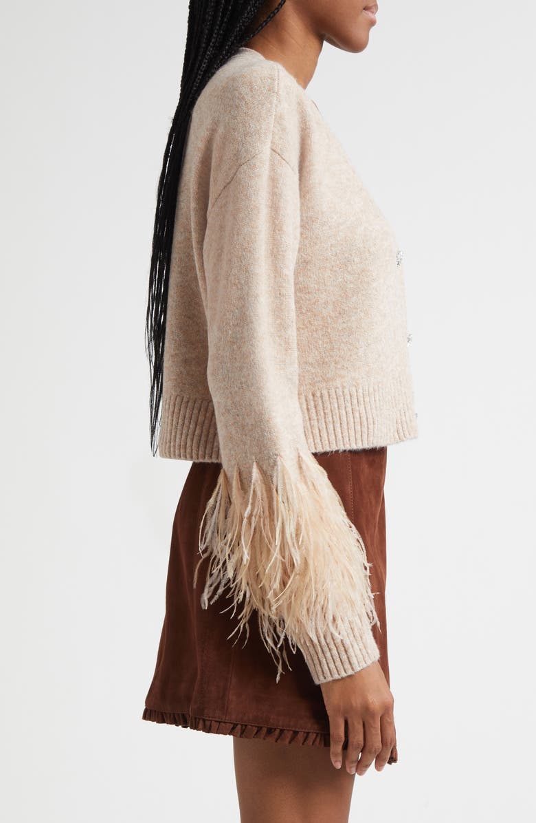 Cinq à Sept Briana Feather Trim Cardigan, Alternate, color, Oatmeal
