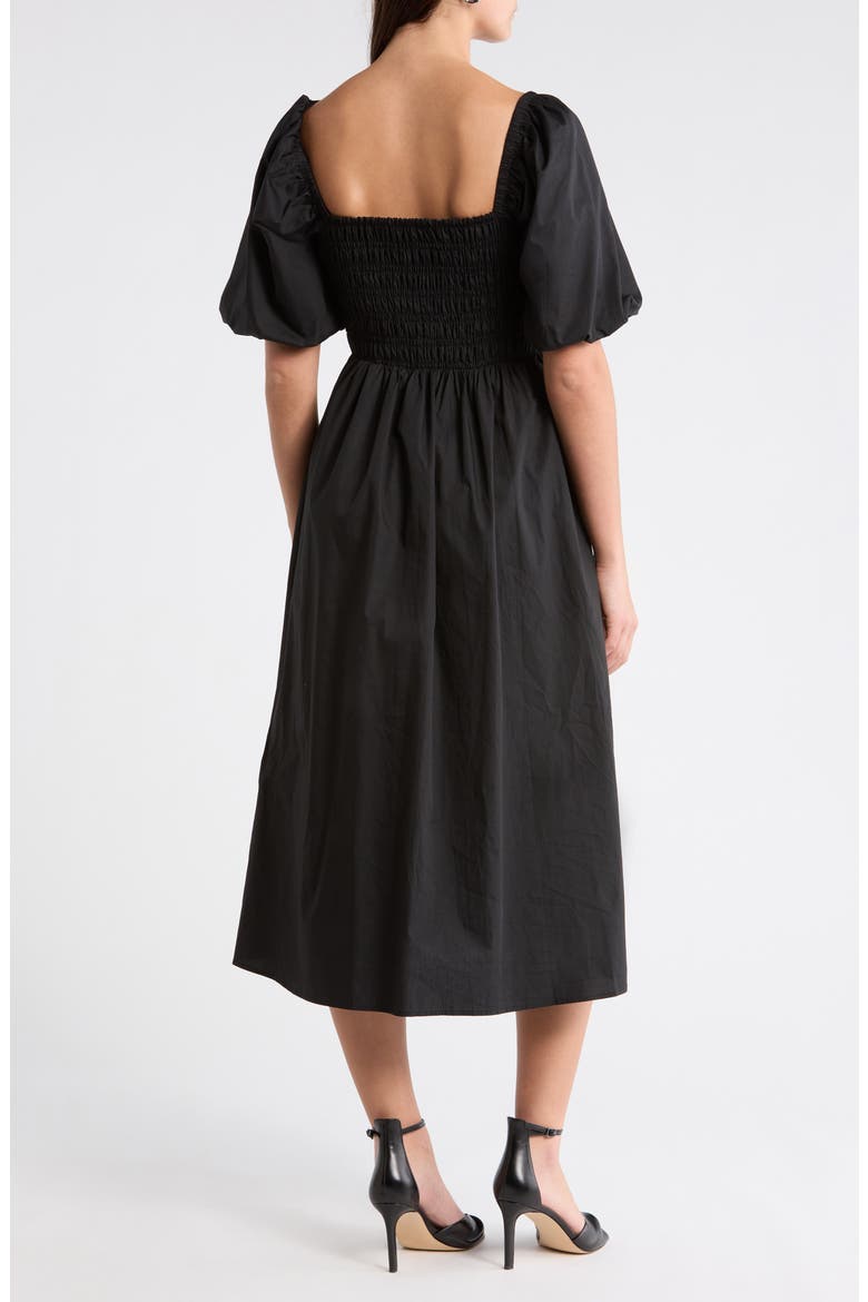 Sonia Bubble Sleeve Smocked Midi Dress, Alternate, color, BLACK