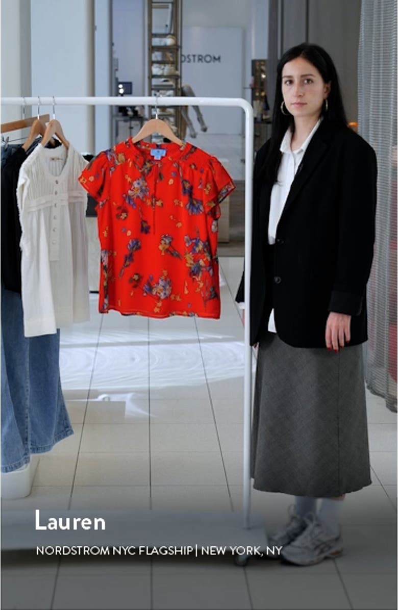 Floral Tie Neck Flutter Sleeve Top, sales video thumbnail