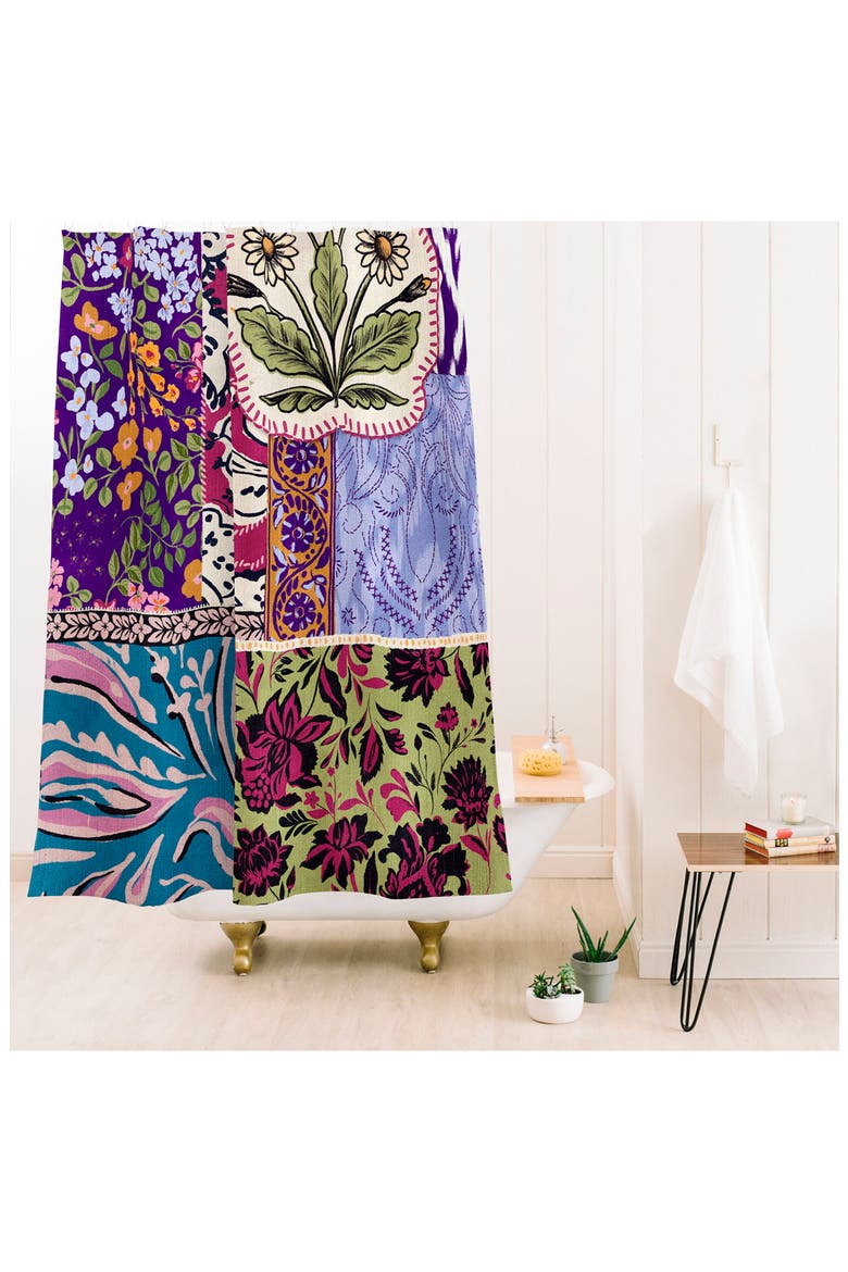 Boho Patchwork Shower Curtain, Alternate, color, GREEN