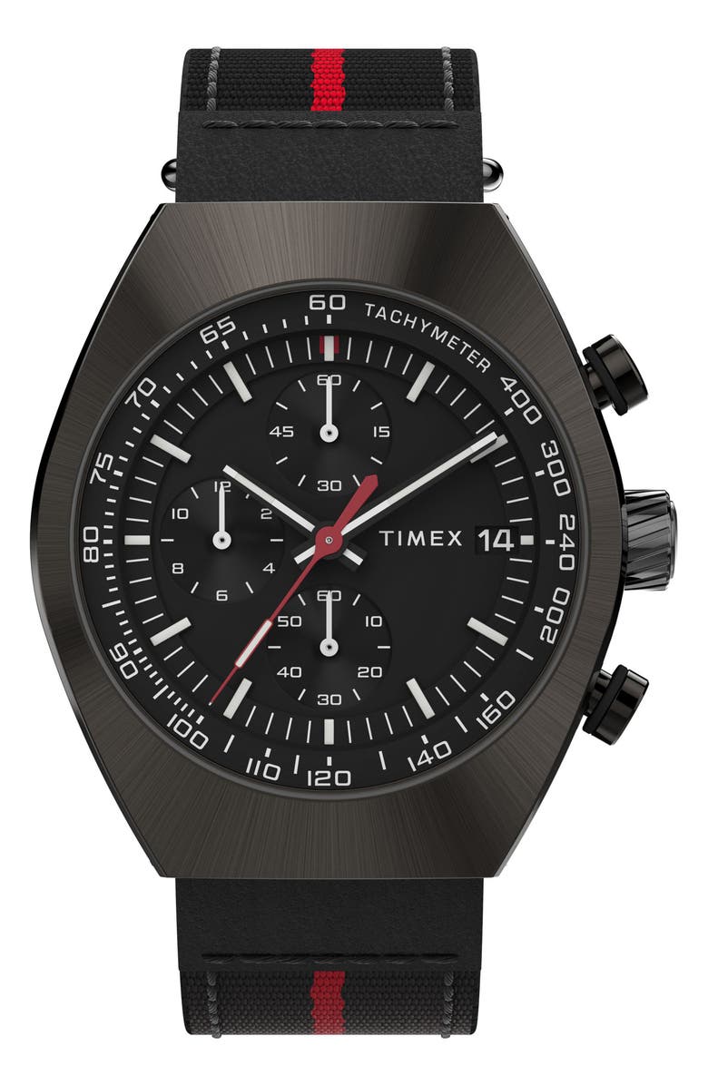Timex<sup>®</sup> Legacy Tonneau Chronograph Fabric Strap Watch, 42mm, Main, color, Black