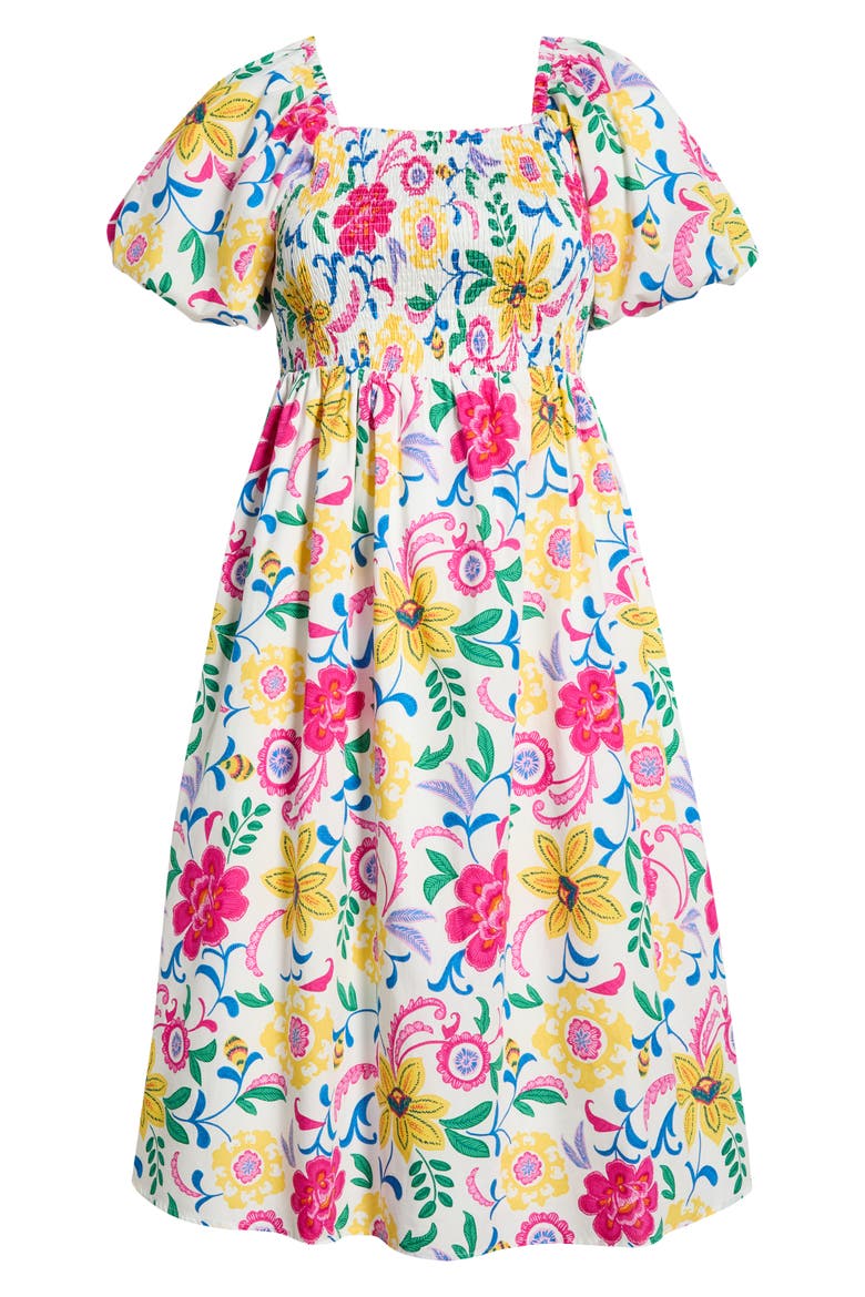 Kress Floral Print Smocked Midi Dress, Alternate, color, WHITE MULTI