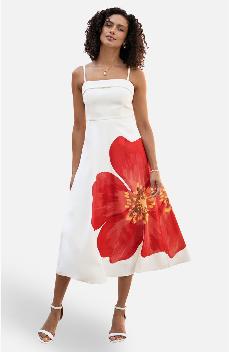 Yumi Oversize Poppy Placement Midi Sun Dress, Main, color, White