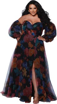 Sydney's Closet Floral Strapless Sweetheart Neckline Plus Size A-Line Gown