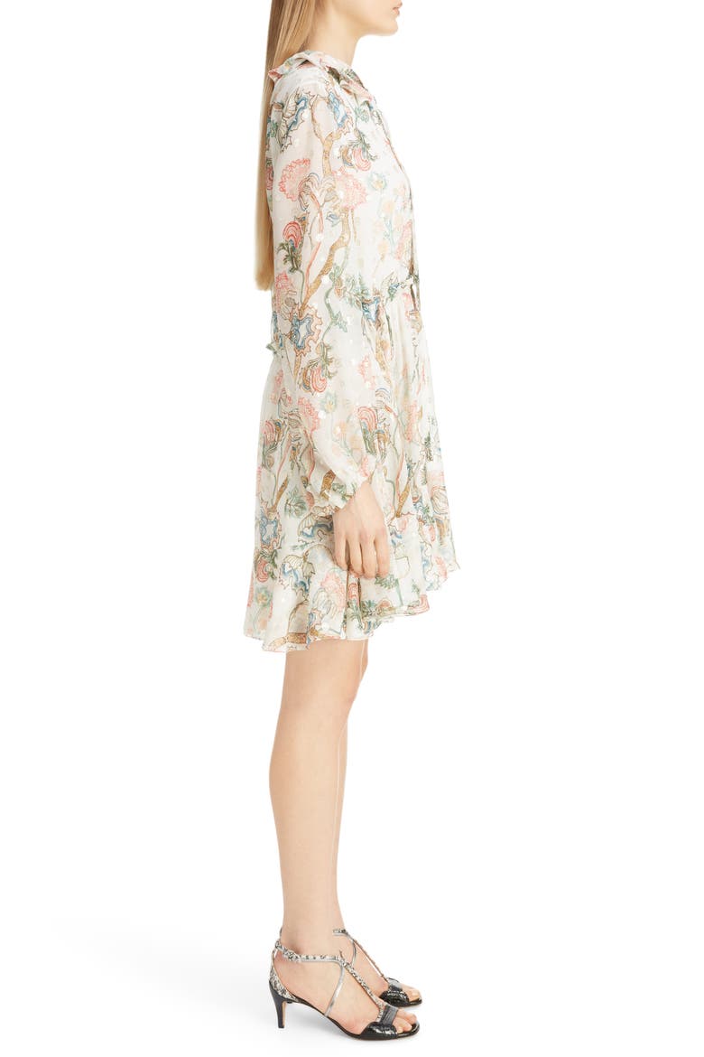 Floral Print Long Sleeve Metallic Fil Coupé Minidress, Alternate, color, MULTICOLOR WHITE 1