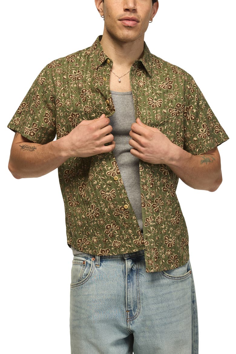 Floral Short Sleeve Cotton Button-Up Shirt, Main, color, GREEN FLORAL