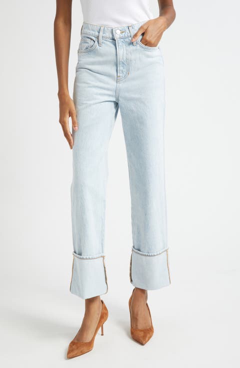 Dylan Cuffed High Waist Relaxed Straight Leg Jeans (Pale Stone)