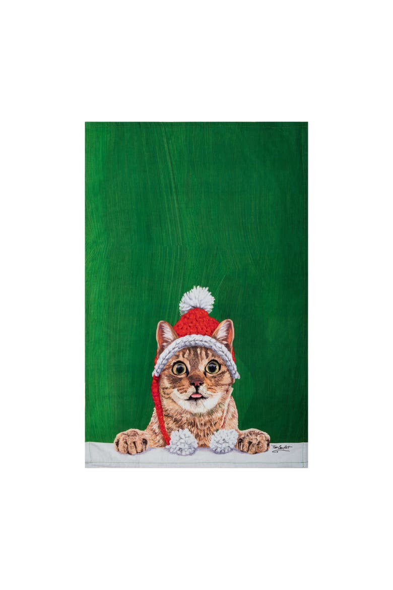 Holiday Cat with Knitted Santa Hat Pet Holiday Towel, Alternate, color, Green