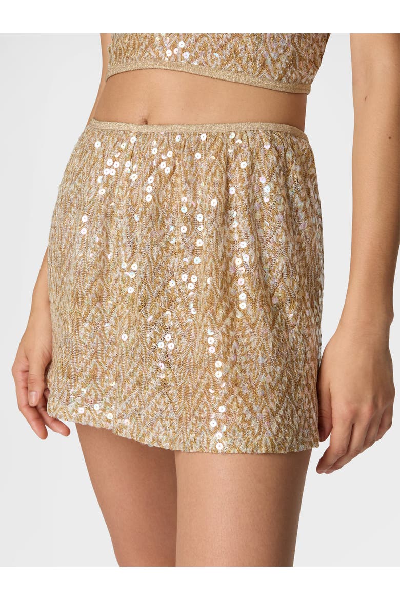 Shorts In Viscose Lamé With Lace Zig Zag Motif And Sequins, Alternate, color, Gold& White