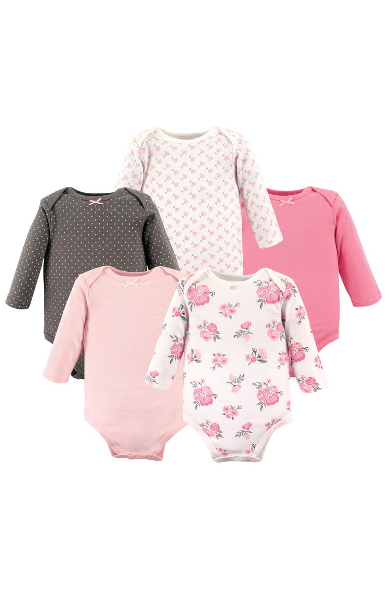 Hudson Baby Everyday Long-Sleeve Cotton Bodysuits Bundle of 5, Main, color, Basic Pink Floral