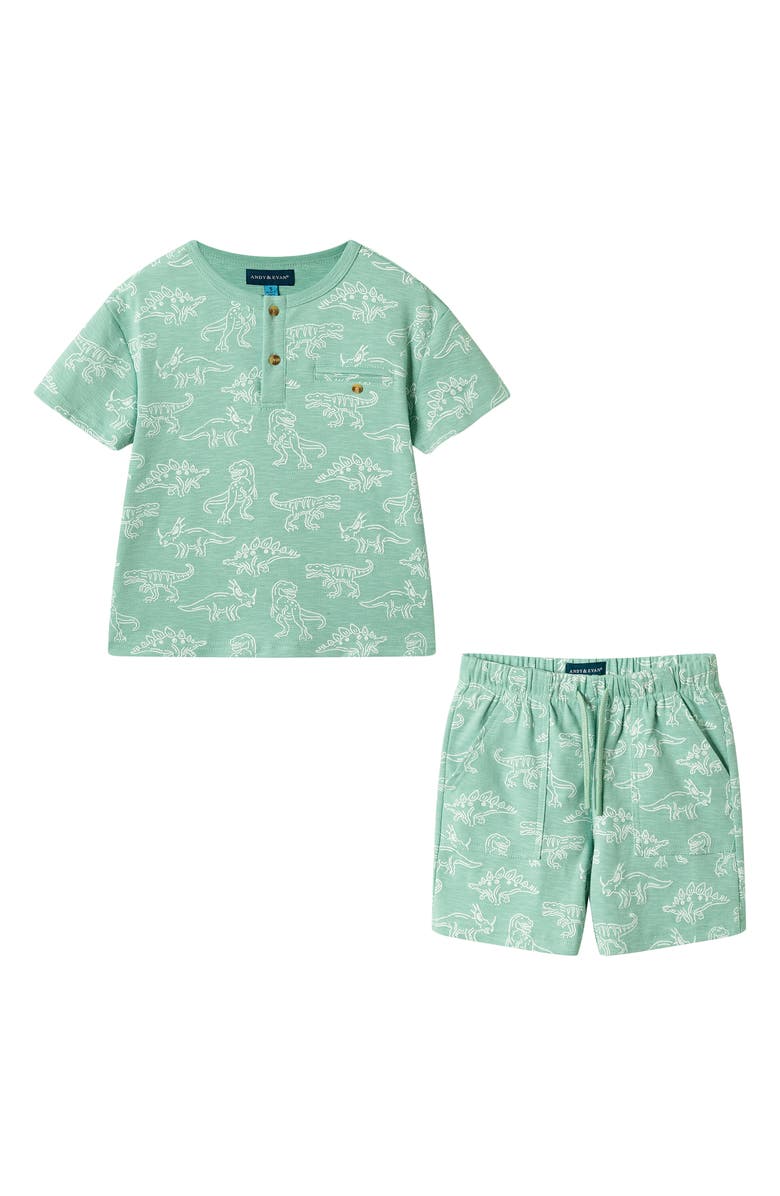 Andy & Evan Kids' Print Henley & Drawstring Shorts Set, Main, color, Green Dino
