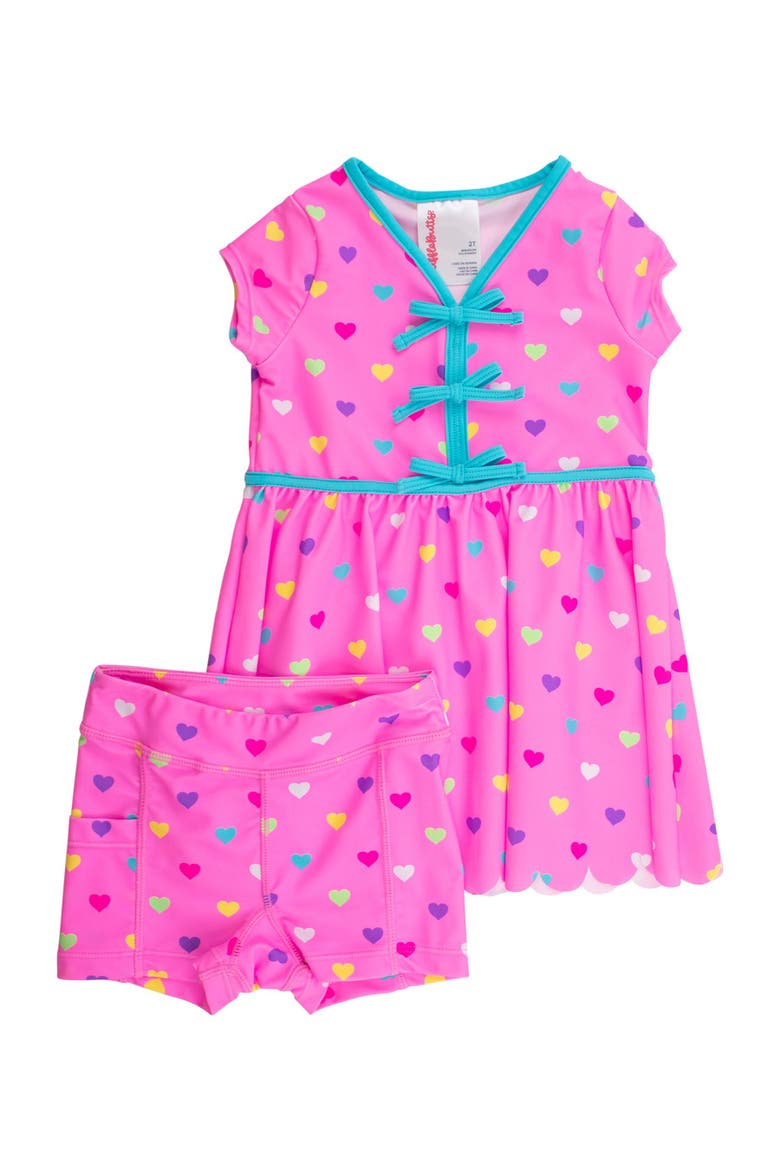 UPF50+ Active Short Sleeve Bow Dress & Bike Short Set, Main, color, Neon Pink Colorful Hearts