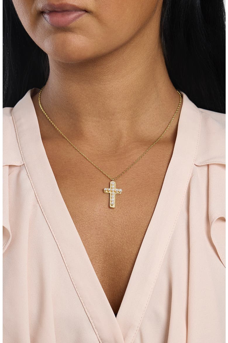 Simulated Pearl Cross Pendant Necklace, Alternate, color, GOLD