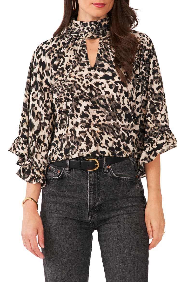 Leopard Print Keyhole Neck Ruffle Blouse, Main, color, NATURAL TAUPE