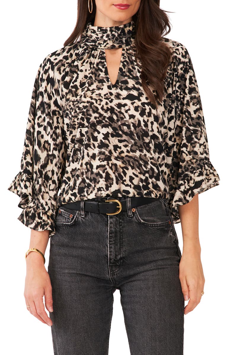 Vince Camuto Leopard Print Keyhole Neck Ruffle Blouse, Main, color,