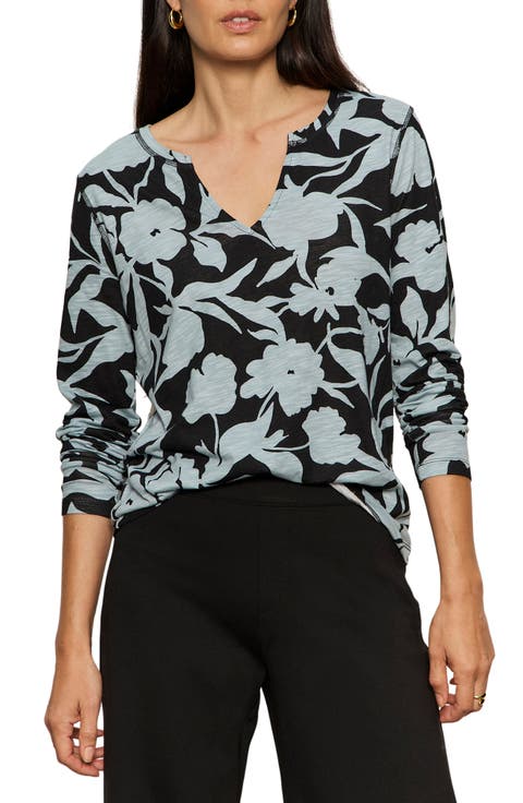 Print Split Neck Knit Top