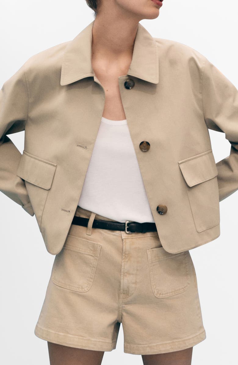 MANGO High Waist Patch Pocket Denim Shorts, Alternate, color, Sand