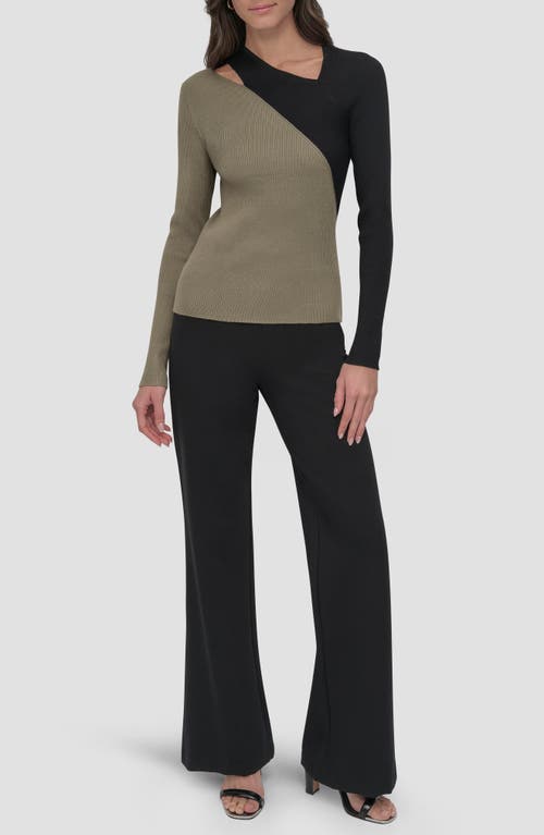 Dkny Colorblock Shoulder Cutout Long Sleeve Sweater In Utility Green/black