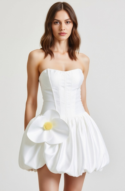 Strapless Bubble Skirt Corset Mini Dress with 3D Floral Accent