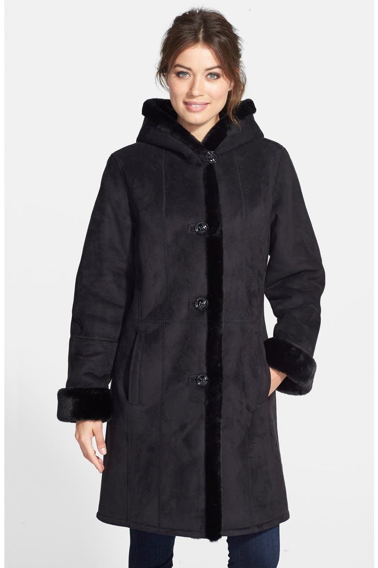 Hooded Long Faux Shearling Coat, Main, color, BLACK