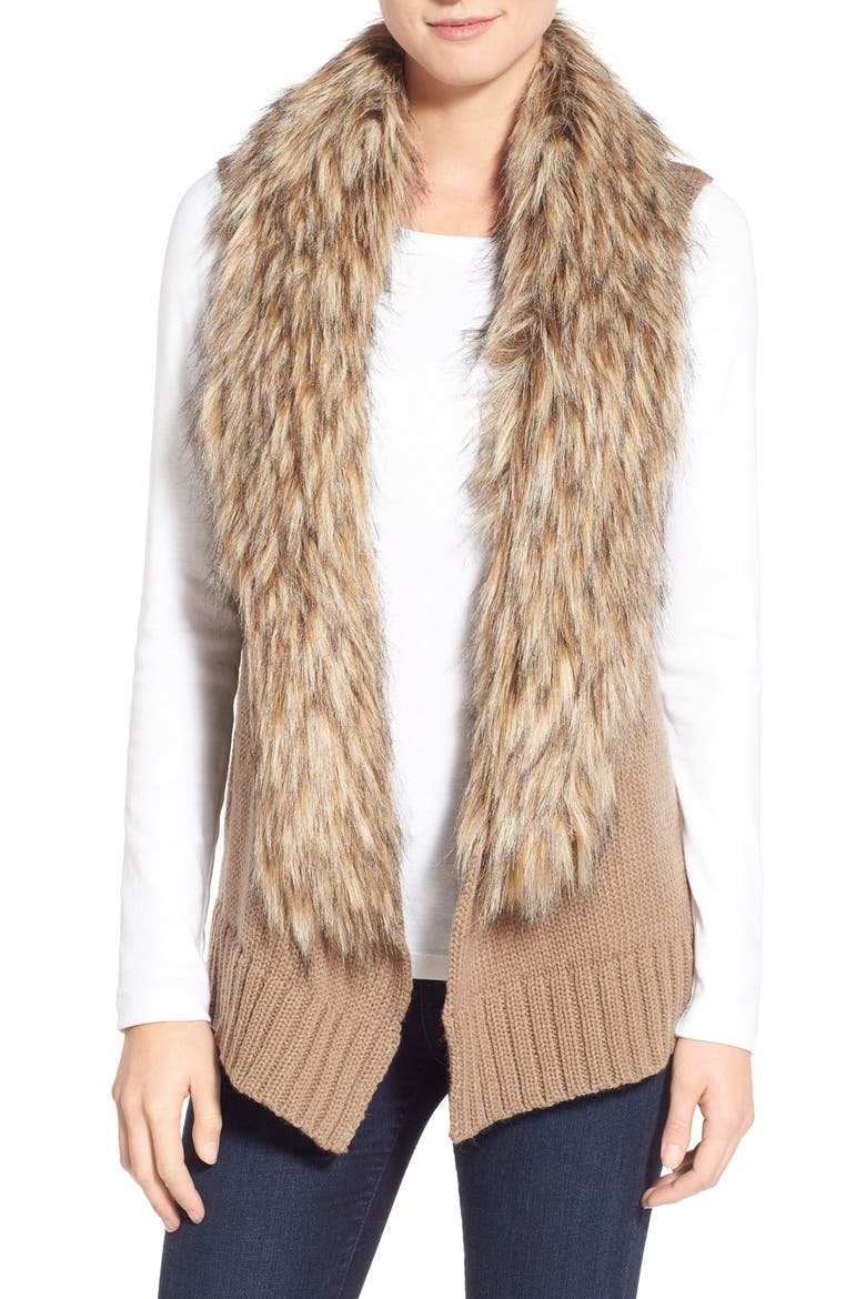 BB Dakota 'Sadi' Faux Fur Trim Knit Vest, Main, color, CHURRO