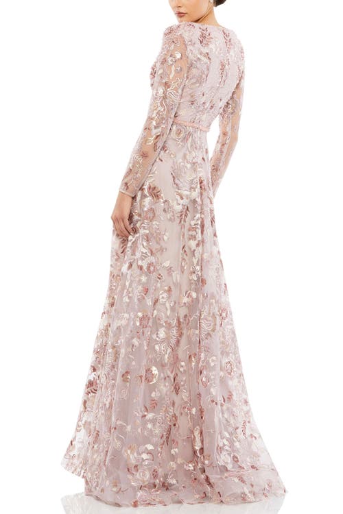 Mac Duggal Embellished V Neck Illusion Long Sleeve A Line Gown In Rose