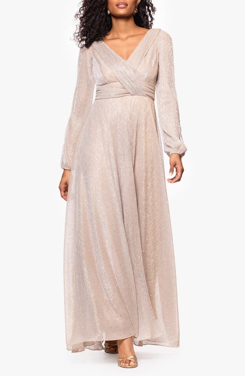 Metallic Crinkle Long Sleeve A-Line Gown