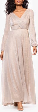 Betsy & Adam Metallic Crinkle Long Sleeve A-Line Gown