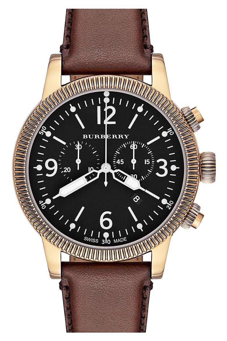 Round Leather Strap Watch, 46mm, Main, color, BROWN/ ANTIQUE GOLD