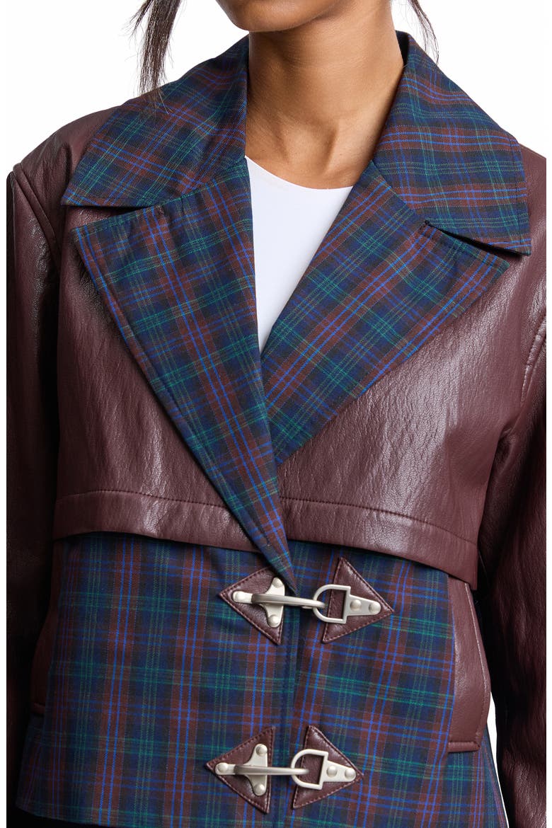 Colorblock Faux Leather Cropped Jacket, Alternate, color, BLUE PLAID- BURGUNDY