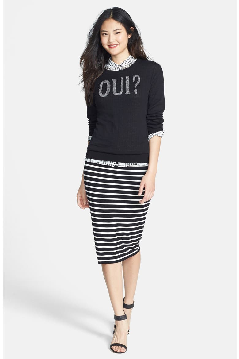 'Oui' Zip Back Crewneck Sweater, Alternate, color, BLACK- SILVER OUI