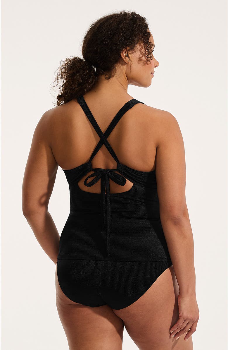 Lands' End Shine Ribbed Tankini Top and High Waisted Bottom Swimsuit Set, Alternate, color, Black Ottoman