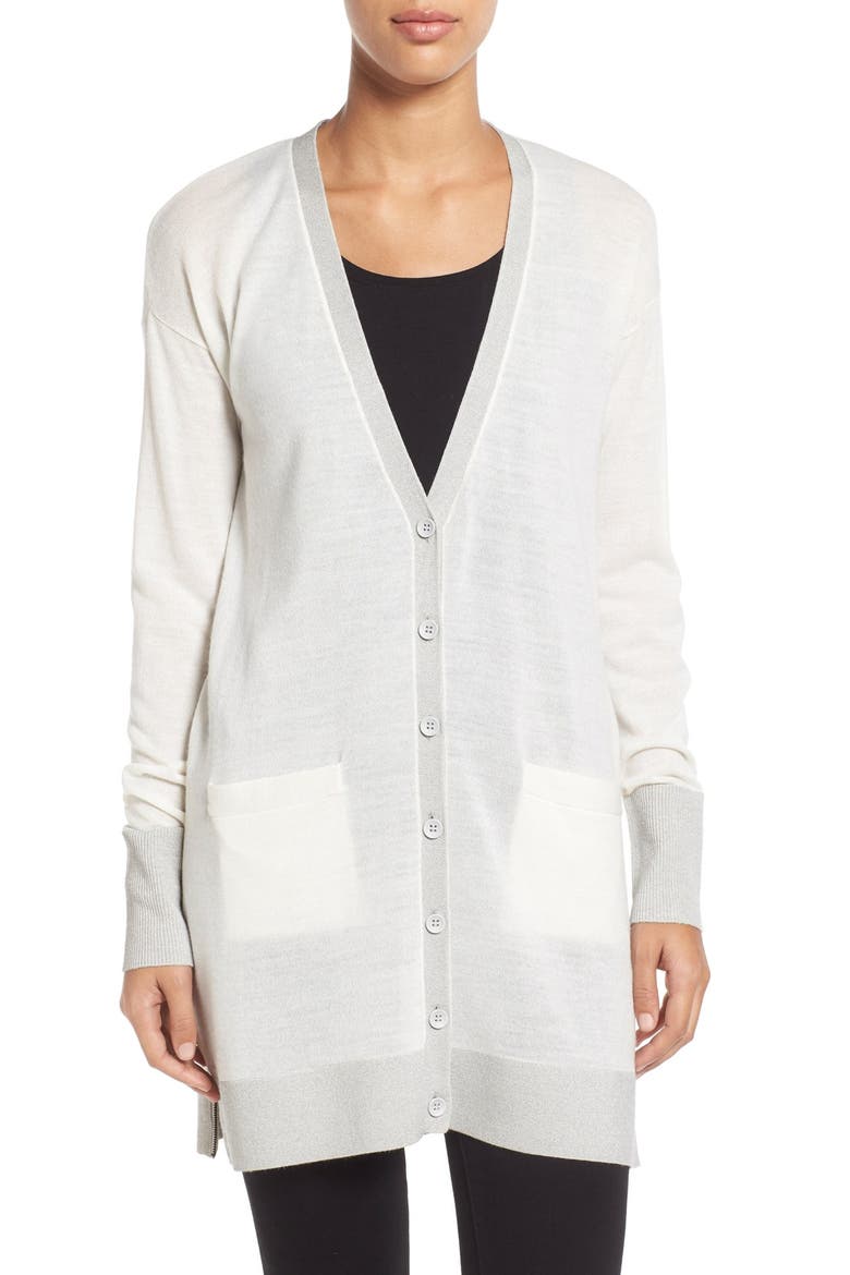 Side Zip Long V-Neck Cardigan, Main, color, IVORY LUREX