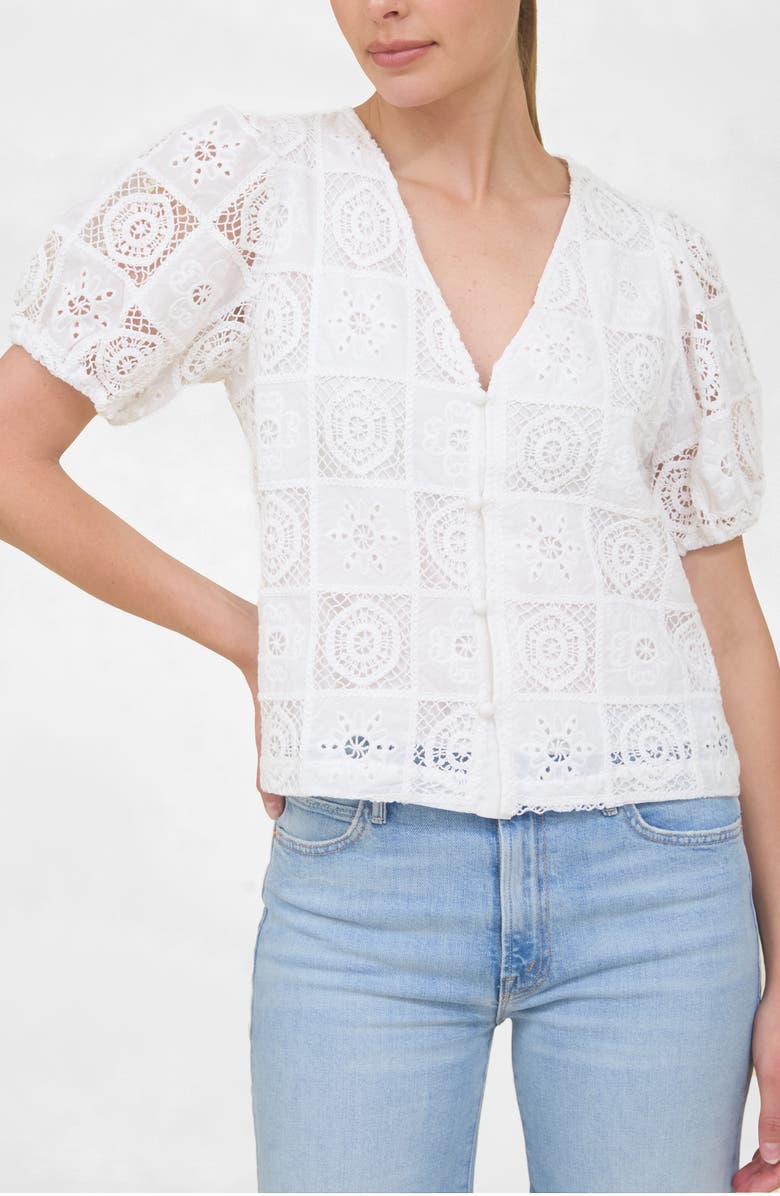 ZOE AND CLAIRE Embroidered Eyelet Button-Up Top, Main, color, Ivory