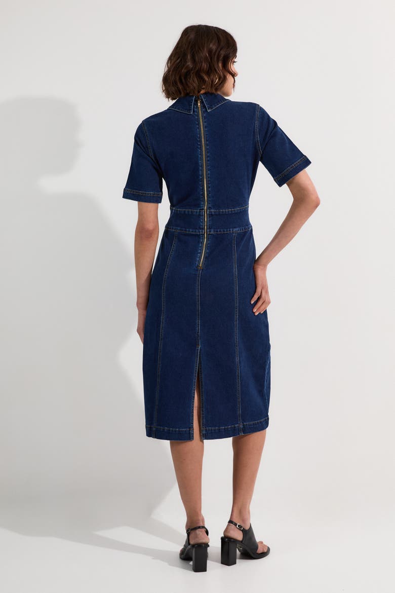 Trim Collared Denim Midi Dress, Alternate, color, Mid Wash