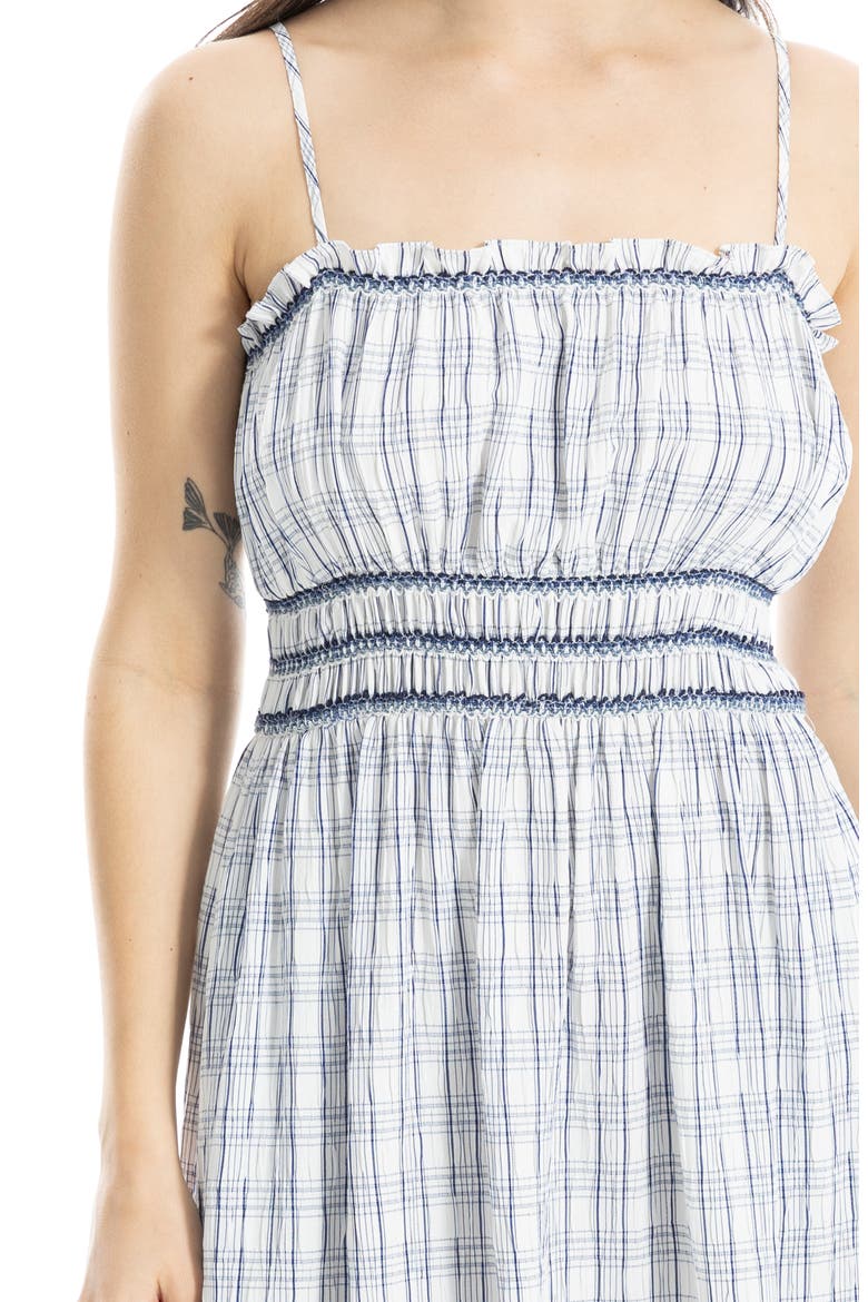 Windowpane Check Smocked Maxi Dress, Alternate, color, WHITE/ NAVY