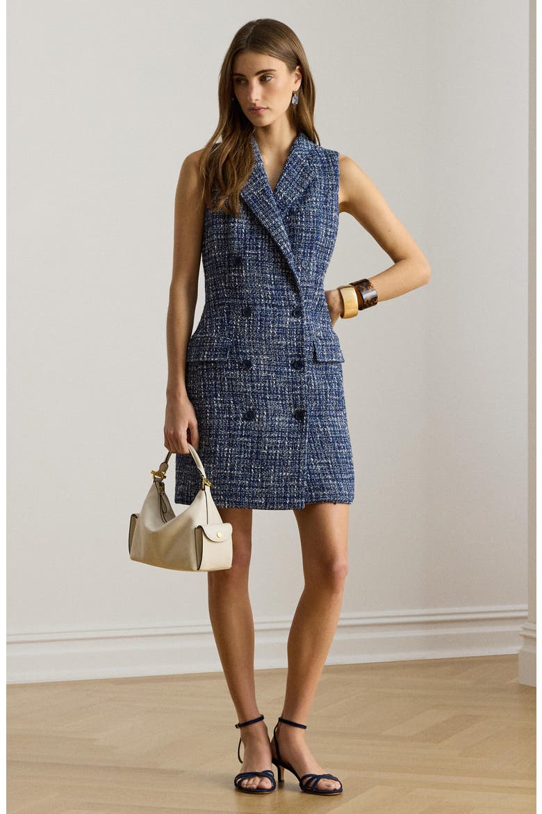 Double Breasted Sleeveless Bouclé Coat Dress, Alternate, color, NAVY BLUE MULTI