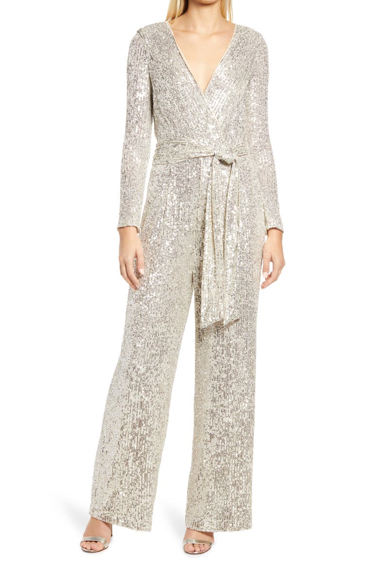 Long Sleeve Sequin Jumpsuit, Main, color, SIL
