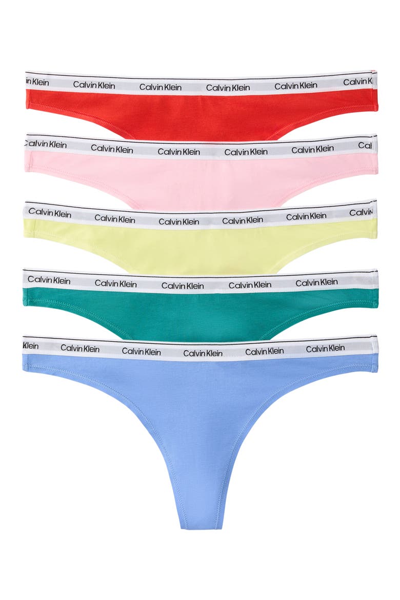 Assorted 5-Pack Cotton Blend Thongs, Alternate, color, RED/ PINK/ YELLOW/ GREEN/ BLUE